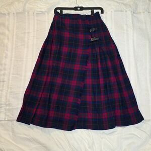 Vintage Pendleton Sz 8 Pure Virgin Wool Plaid Pleated ALine Skirt leather buckle